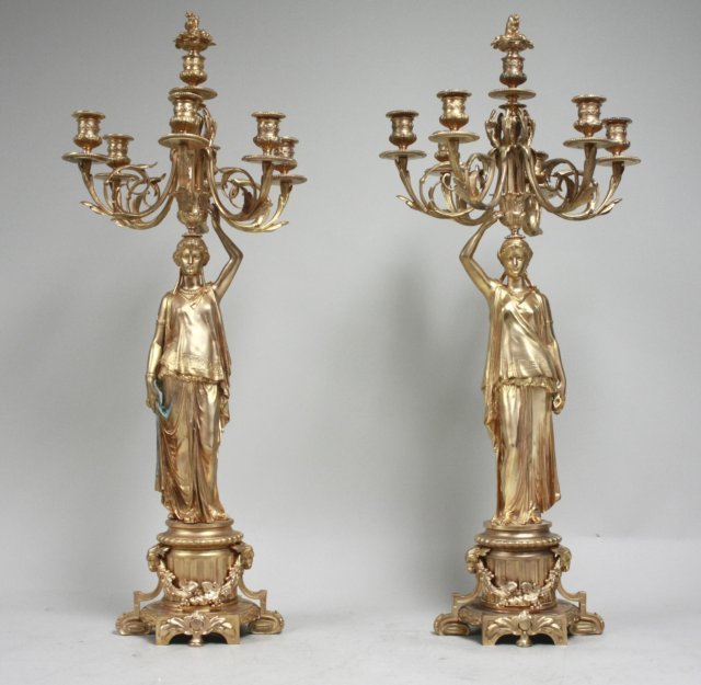 Pair 7 arm bronze figural candelabra: Gold finish, empire style. Approx. 34" H. Good condition.