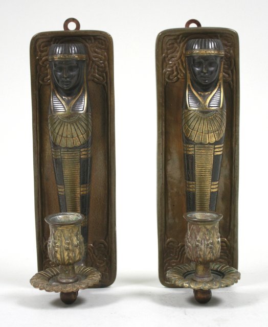 Tiffany Studios pair of sconces ca. 1925: Gilt & patinated, 10"H, stamped verso Tiffany Studios, New York Good condition