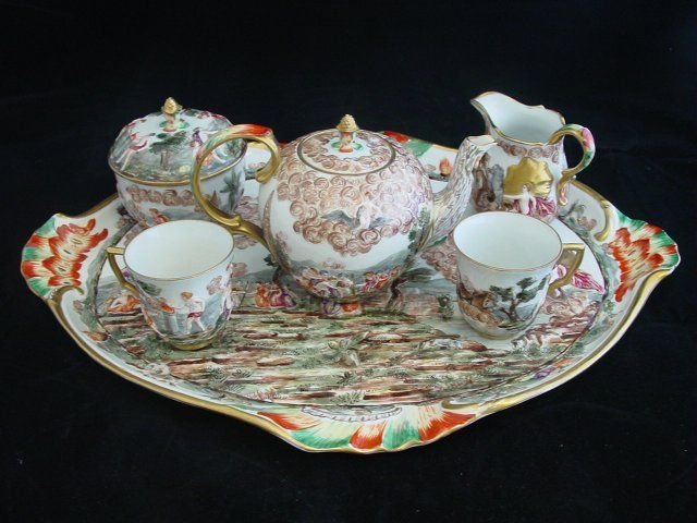 6 Pieces Capodimonte Porcelain tea set: Tray approx. 15.75" x 11.5".