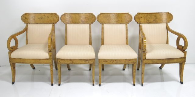 Set of 4 Baker chairs: 2 arm & 2 side, Biedermeier style. Approx. 36.5" H x 21.5" arm to arm. Good condition.