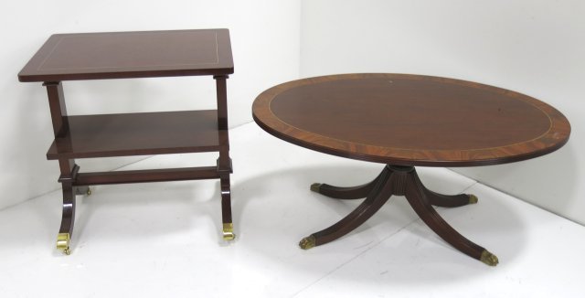 Kindel mahogany table & Henkel oval coffee table: Duncan Phyfe legs & string inlays by Henkel Harris. Double tier rolling table by Kindel. Both stamped underside. Oval approx. 20" H x 46" W x 32" W. Rolling table approx. 28.5" H x 28" W x 20" W.