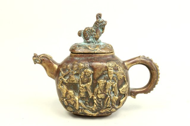 Chinese bronze teapot bas-relief: Depicting wise man & deities. Makers mark on bottom dragon.