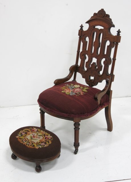 Victorian needlepoint chair with footstool: Victorian needlepoint chair with footstool