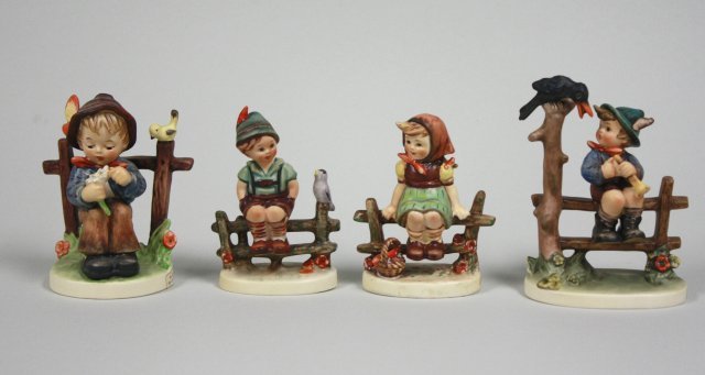 4 Hummels: Including: "Mischief Maker" 342, "Wayside Harmony" 111 3/0, "Just Resting" 112 3/0, "She Loves Me, She Loves Me Not" 174. Good condition.