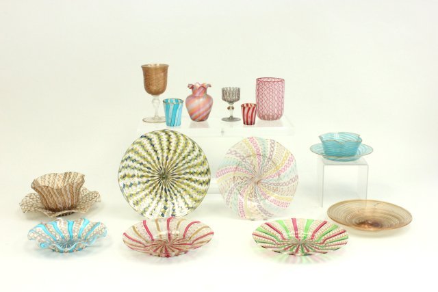 Group lot odd Venetian glass: Including: Free form bowl & under plate, Blue swirl bowl with under plate, 5 odd glasses including 1 tumbler, 1 wine, 2 shot glasses, 1 cordial & 6 small dishes.