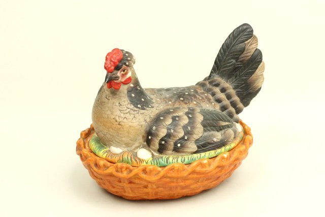 Handpainted porcelain "Chicken" covered casserole: American, 19th c., incised S and S. Approx. 9" H x 11" across. Good condition.