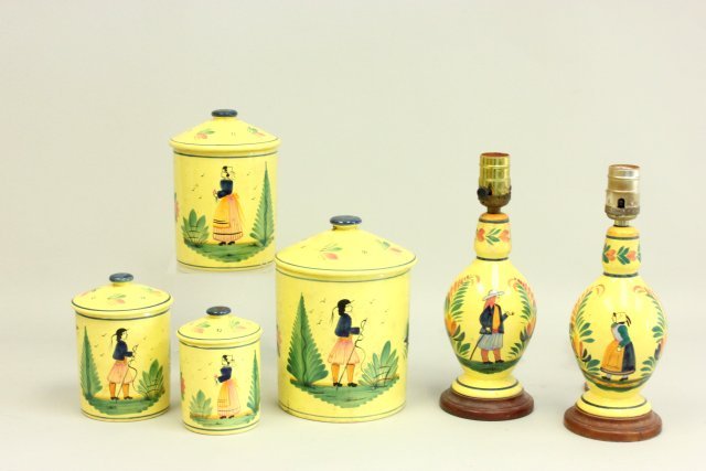 Pair Quimper lamps & 3 covered cookie jars: Jars approx. 8.5" H. Good condition.