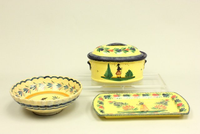3 pieces of Quimper: Including: Henriot Quimper France #179 bowl, approx. 3.25" H x 9.5" D. Henriot Quimper tray, approx. 7.25" x 10". Covered casserole, approx. 6" x 9" x 7". Good condition.