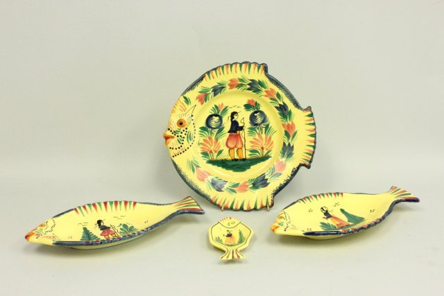 4 Quimper "Fish" pieces: Including: Service plate, 2 dishes & butter dish. Good condition.