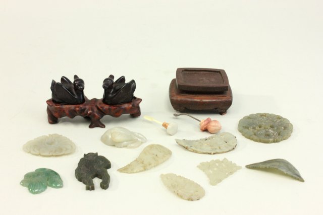 Group lot of Chinese jade pieces: 10 odd jade Chinese floral pieces, 2 "Birds" on stand and snuff bottle top. From a private estate. Good condition.