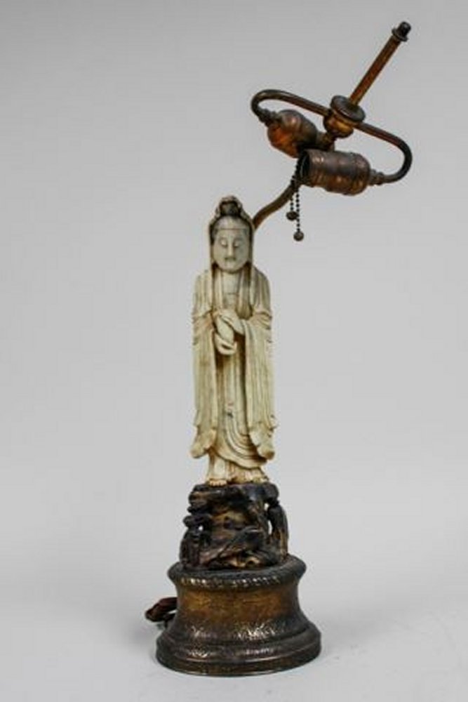 Guan Yin soapstone figural lamp: Early 20th century. Approx. 13.5" H with stand. Good condition.