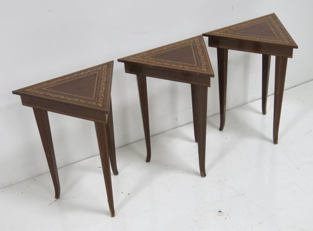 Nest of 3 lift top inlay wood tables: Triangular form. Approx. 19" H. Damages to legs.