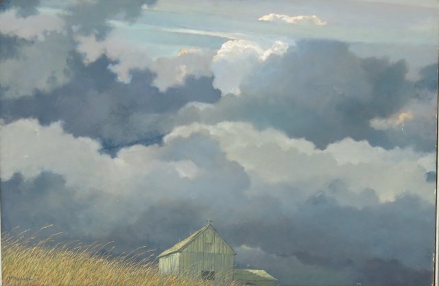 Eric Sloane, American Skyscape: Oil on masonite. Grey barn wood framed. Signed lower left. Eric Sloane (1905-1985). Approx. 24" x 36" unframed, 32" x 44" framed. Minor scratches.