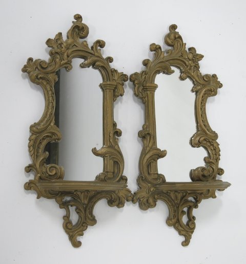 Pair mirrored wall brackets: Baroque style, ca. 1930's, painted gold. Approx 21" H x 10".