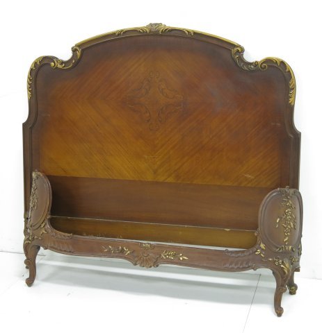 French style full size bed: Footboard, inlaid headboard & side rails. Circa 1930s. Needs refinishing.