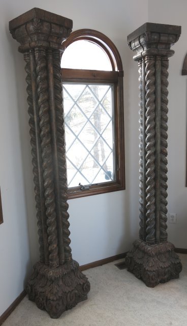 2 carved wood columns: Approx. 97" H & 18" x 18" base. From a private NJ estate.