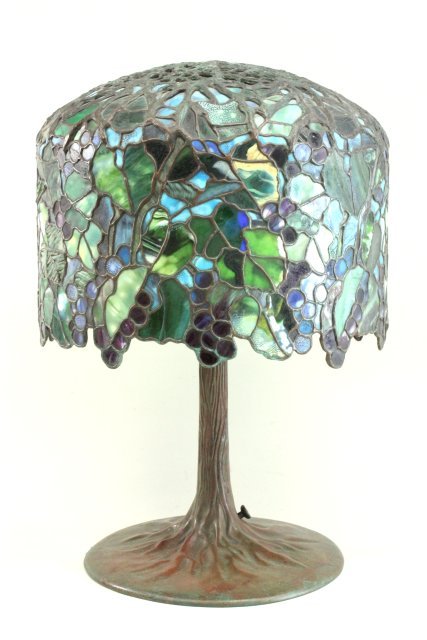 Tiffany Studios Reproduction Grape table lamp: Bronze base & stained glass. Contemporary. Stamped on base, Tiffany Studios, NY #342. Approx. 27" H x 18" W. From a private NJ estate.