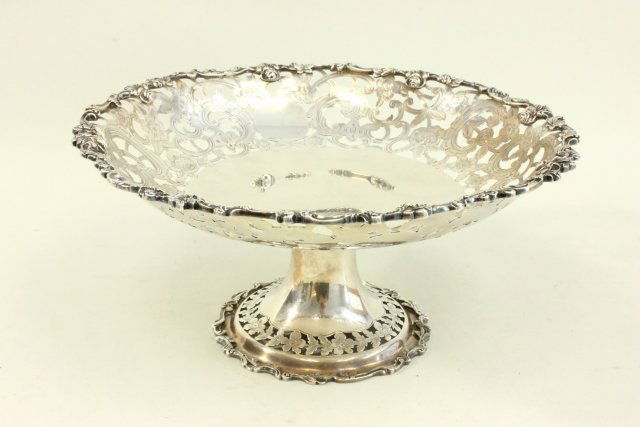 Sterling silver open reticulated floral compote: Condon, England, 20th c., 1924 Charles Stuart Harris. Compote approx. 4.5" H x 9.5" Diam, 16.4 ozt.