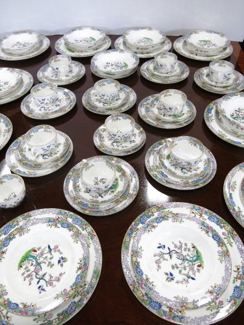 Minton dinnerware set "Emperors Garden": Including: 11- Dinner plates. 12- Soup plates. 12- Luncheon plates. 10- Dessert plates. 11- Cups. 8- Saucers. 73 pieces total. Good condition.