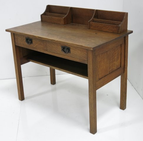 Gustav Stickley postcard desk with large red decal: Approx. 36" H with top x 40" W x 22.25" D.