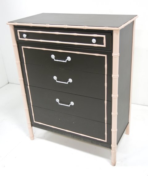 Faux bamboo lacquer tall chest: Cream & brown. Approx. 45.5" H x 36.5" W x 19" D. Good condition.