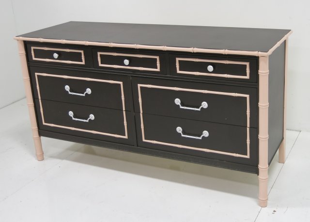 Faux bamboo lacquer dresser: Cream & brown. Approx. 30" H x 56" W x 19" D. Good condition.