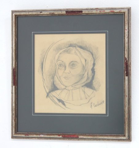 Agustin Cardenas, "Female Bust": Pencil drawing. Framed. Signed & dated lower right, Agustin Cardenas 1957. Agustin Cárdenas, Cuban (1927-2001). Approx. 9" x 8" sight, 14.5" x 13.5" framed.