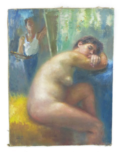 Zvi Adler, Self Portrait with nude model: Oil on canvas. Unframed. Signed & dated lower left, 1963 in Hebrew & English & en verso. Zvi Adler, Hungarian Holocaust survivor (1909-1965). Approx. 36" x 27.5". Provenance: All paintings from a fami