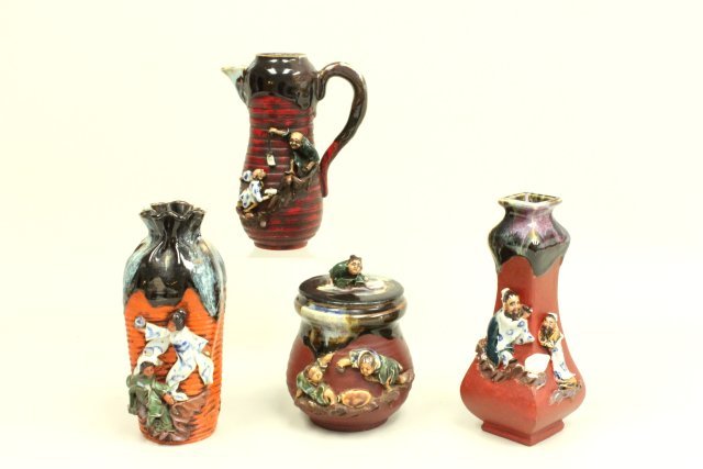 4 piece group lot Japanese Sumida Gawa pottery: Including: 2 vases, pitcher, covered jar. Approx. 8 1/2", 8 1/4", 7 7/8" & 6 1/2" H.