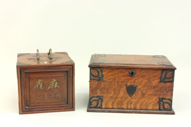 Chinese Mahjong set & Continental oak chest: Mahjong set in case, approx. 7.5" H. Wear. Missing pieces.