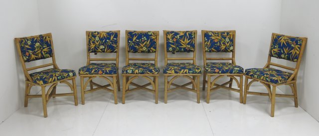 Set of 6 Rattan side chairs: Blue & white bamboo shoot upholstery. Approx. 35" H x 20" W x 21" D. Some wear.