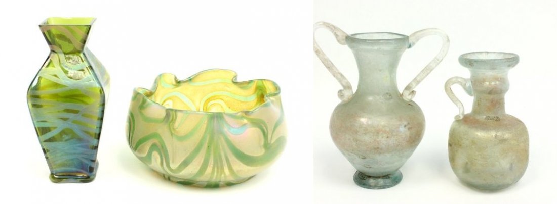 Art glass & pair of Archaic style glass vases: 2 unsigned, "Loetz" art glass pieces. Art glass vase approx. 6.5" H. Bowl approx. 3.5" H x 7" W. Tallest Archaic style vase approx. 4.5" H. Small flake on top of art glass vase. Pair of vases, good co