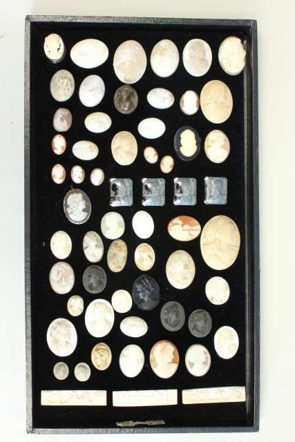 60 unframed stone & shell cameos: Approx. 60 pieces. Largest approx. 2" H x 1.5" W.