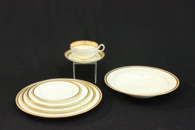 Partial Minton gold rimmed dinnerware set: Including: 10 soup bowls, 7 dinner plates, 10 salad plates, 8 luncheon plates, 3 cake plates, 10 saucers, 9 cups. (4018) 5 soup bowls as is. 3 salad plates as is. 1 saucer as is. 1 cup very crazed.