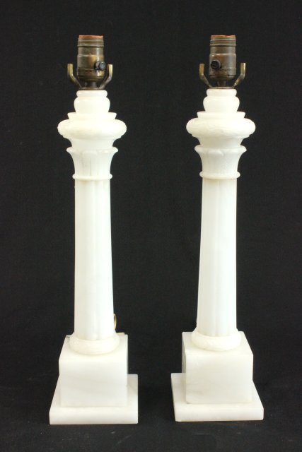 Pair alabaster column lamps: Column approx. 17" H. Approx. 30.25" H to top of finial (total).