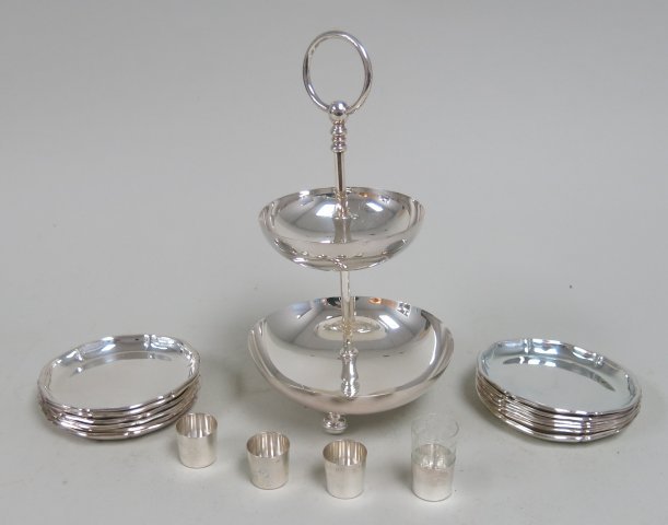 Christofle, Prata Wolff & Austrian silver lot: Christofle 2 tier candy dish, 11 1/2"H Prata Wolff plated bread trays 5"D & 4 Austrian silver shot glasses, approx. 2 ozt. good condition