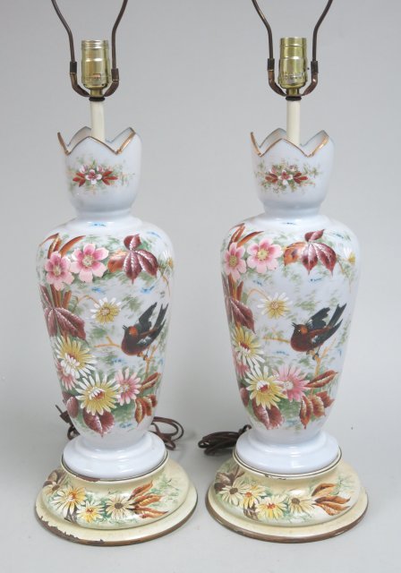 Pair Victorian Bristol vases mounted as lamps: Wooden bases, hand painted Floral decoration. Approx. 19.5" H with base. From a storage unit unopened for 35 years. Some paint loss to bases.