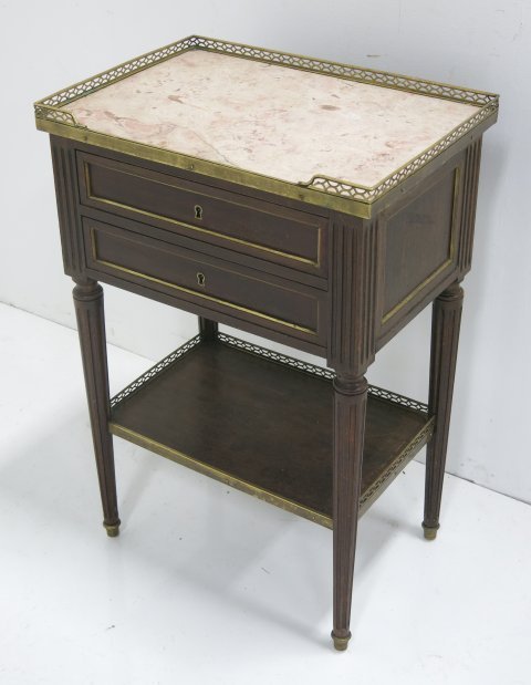 Marble top French Louis XVI style nightstand: Brass inlaid, 2 drawers, with brass gallery. Approx. 29 1/2"H x 20"W x 14"D Needs refinishing