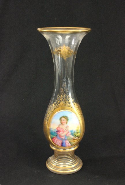 Bohemian glass vase with portrait of girl: Approx. 12 1/4" H.