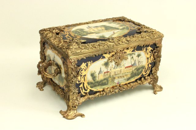 Bronze & porcelain painted casket: Approx. 7.5" H x 15" handle to handle x 9.5" D. Good condition.