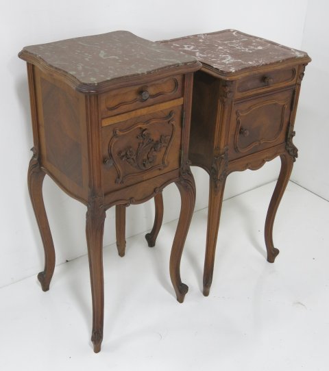 Two French walnut marble top nightstands: Rouge marble top. 1 door. Carved front. Approx. 34.5" H x 15" square. (4029)