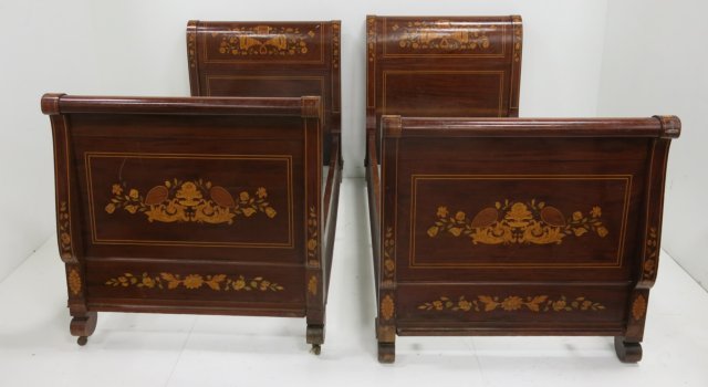 Pair antique Dutch marquetry inlaid sleigh beds: Approx. 47" H x 42" W.