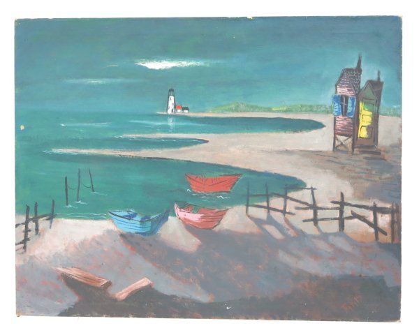 Nicholas Takis, Seascape: Oil on canvas. Signed lower right. Nicholas Takis (1903-1965). Approx. 28" x 36". Paint loss