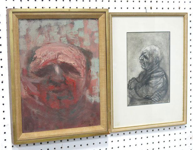 James Joseph Kearns, "Head"& Portrait of Ben Shahn: "Head", oil on board, signed & dated 1957. Approx. 17" x 13" unframed, 18" x 14" framed. Portrait of Ben Shahn, charcoal, 1957. Approx. 11" x 7 1/2" unframed, 18" x 13" framed. James Joseph Kearns (b.