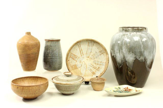 Lot of 20th Century Art Pottery: Including, 2 vases, 2 covered jars, 1 platter, 2 bowls, & 1 tray. 8 pieces total. Largest approx. 17 3/4" H. Leaf shaped tray signed Bellaire. Marc Bellaire, California potter late 50's, early 60's. P