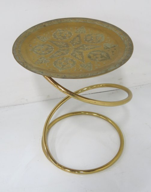 Modern brass table with Turkish tray: After Eileen Grey. Approx. 18" H x 15 3/4" D.
