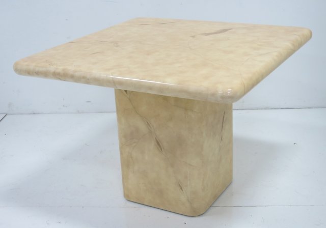 Karl Springer style center table: With parchment veneer. Approx. 29 1/4" H x 40" W x 40" D.