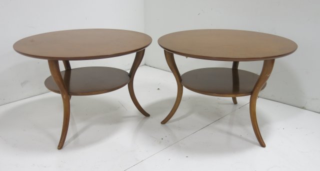 Robsjohn Gibbings Widdicomb Pair Side Tables: 2 tier. Approx. 20" H x 30" D. Minor marks & scratches manly on legs.
