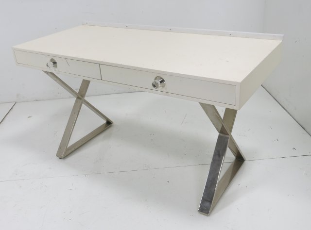 Jonathan Adler White Lacquer & Chrome Desk: Approx. 31" H x 53 3/4" W x 24 1/4" D. Finish slightly marked.