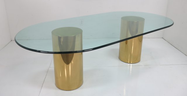 Karl Springer gilt brass pedestal table: Circa 1990. Approx. 29" H x 48" W x 96" L. Scratches.